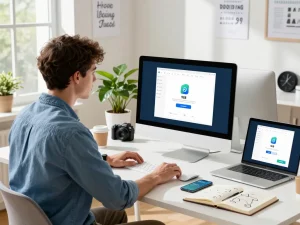 在明亮的工作空间中展示技术必需品和充满活力的氛围，现代iMac上下载快连应用。