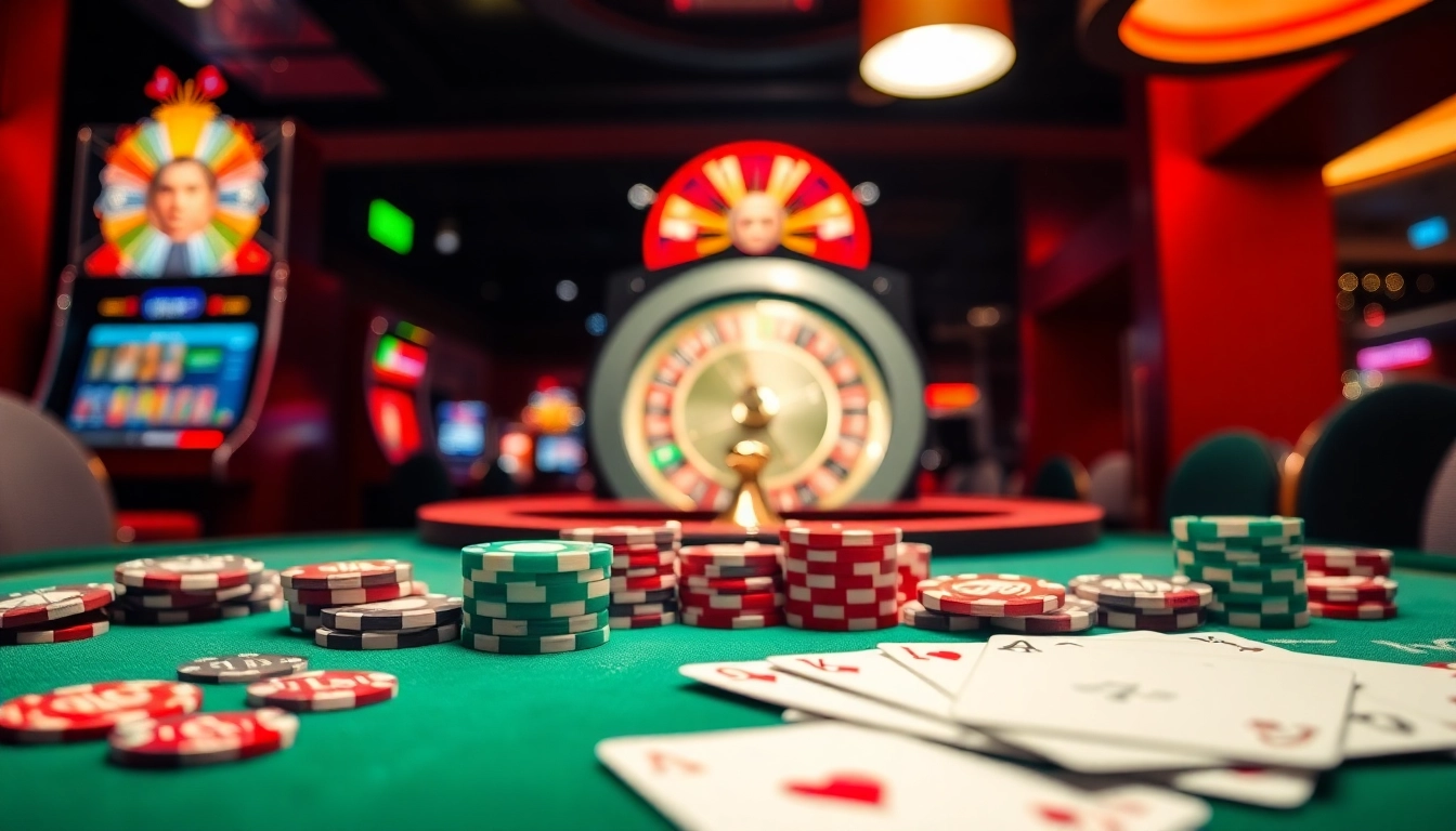 Exciting gaming at situs aresgacor with vibrant casino tables and a spinning roulette wheel.