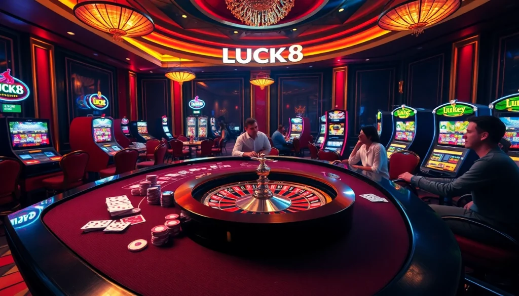 LUCK8 table gaming scene with poker chips, cards, and excited gamblers in a luxurious casino.