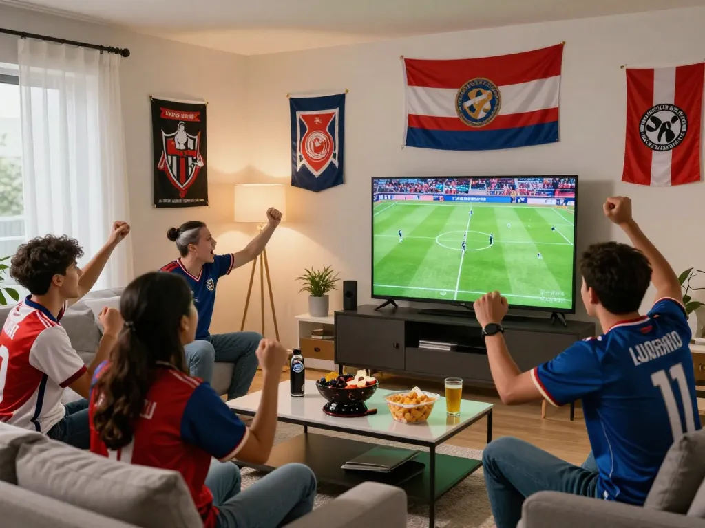 Fans enjoying lương sơn tv live football stream in a vibrant living room with team jerseys and snacks.