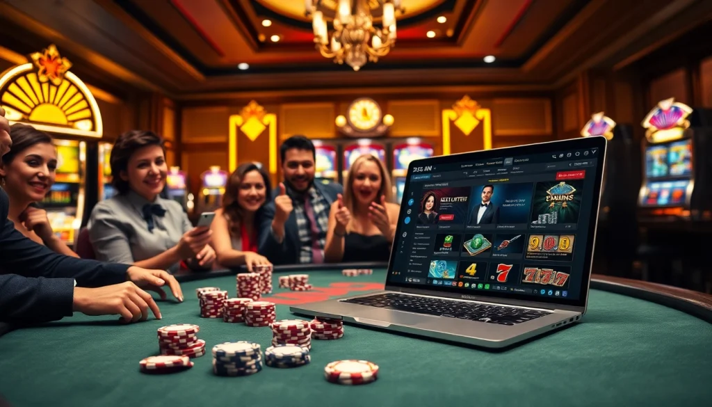 Exciting casino scene with players at a poker table and the online platform https://taixiumd5.fan/ displayed on a laptop.