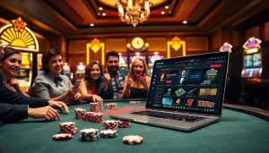 Exciting casino scene with players at a poker table and the online platform https://taixiumd5.fan/ displayed on a laptop.