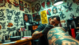 Vibrant tattoo parlor with an artist working on a client's tattoo at https://89bet.tattoo/, showcasing intricate designs and artistic tools.