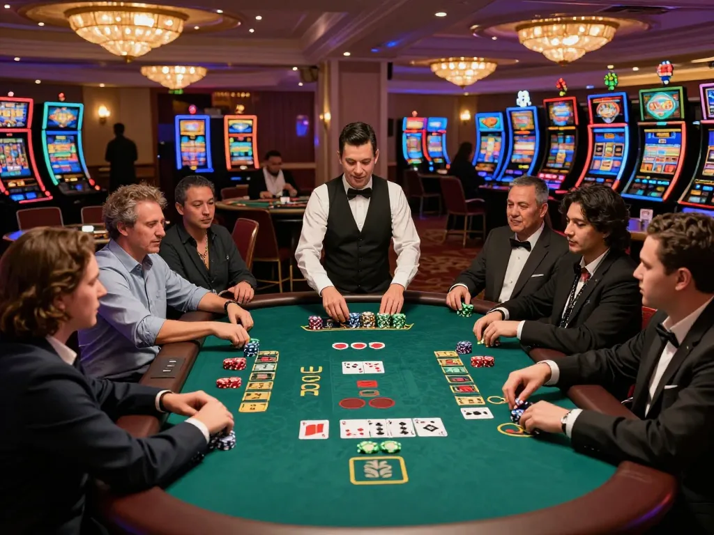 Players enjoying blackjack at an upscale casino floor, showcasing excitement and strategic play at https://xx88gg.net/