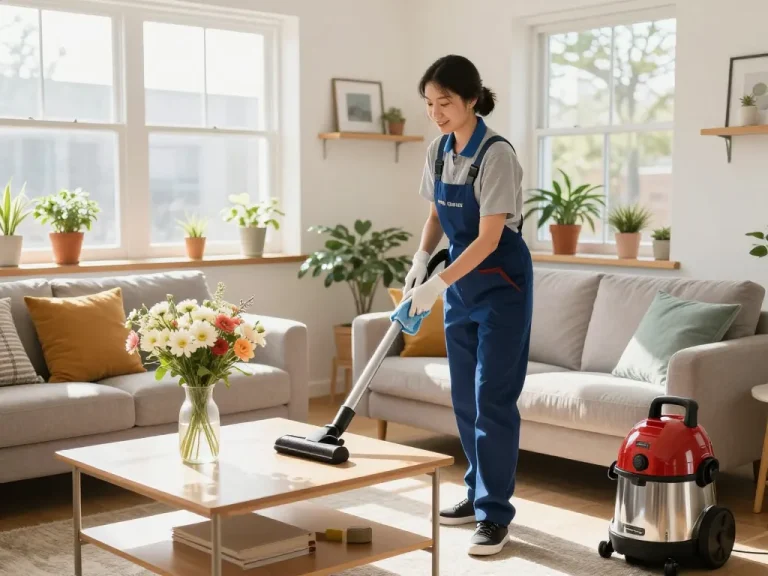 Home cleaning by https://pretty-uklid.cz in bright living room, highlighting professionalism and cleanliness.