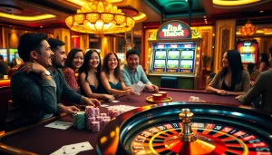 Players at a high-stakes casino table enjoying games with 'link thabet' promoting excitement and gaming strategy.
