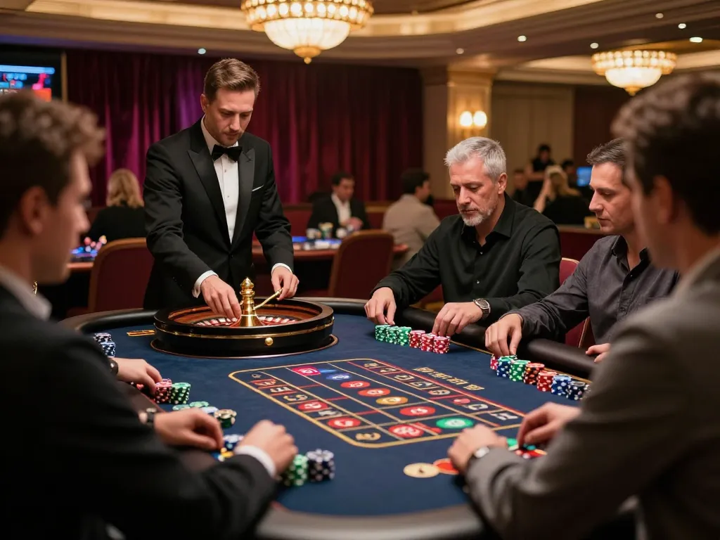 Players place bets at a TG88 Casino roulette table, showcasing vibrant gaming atmosphere and strategic excitement.