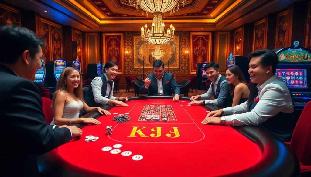 Players enjoy gaming at a luxurious KJC-branded casino table, showcasing excitement.