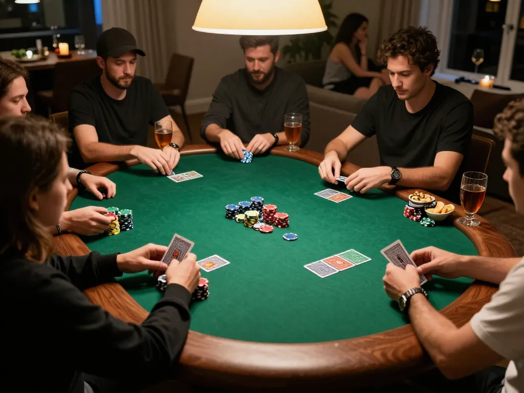 Engaging players at a home poker night utilizing rr88bet, showcasing strategy and camaraderie.