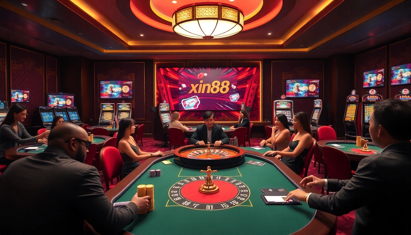 Exciting casino gameplay at xin88 with poker tables and vibrant slot machines.