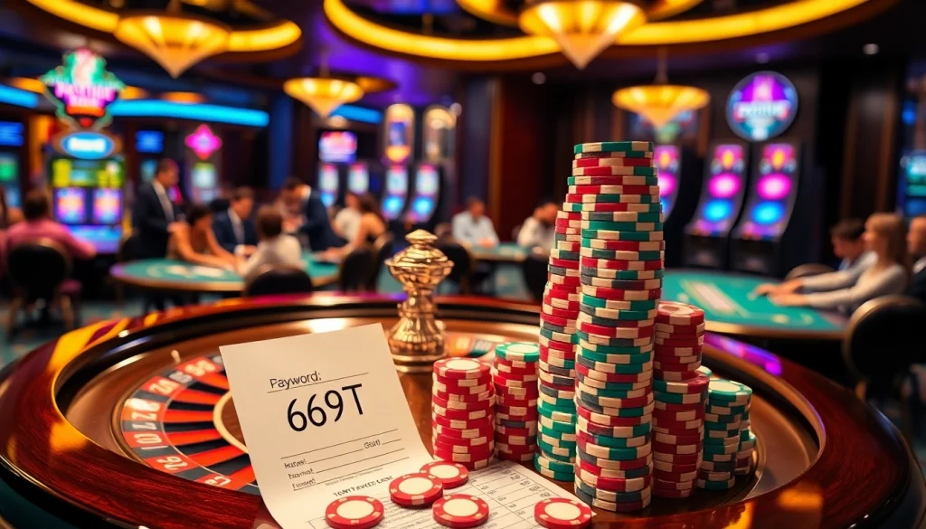 Cena de cassino empolgante com fichas de pôquer, roleta e comprovantes de aposta com 69T.