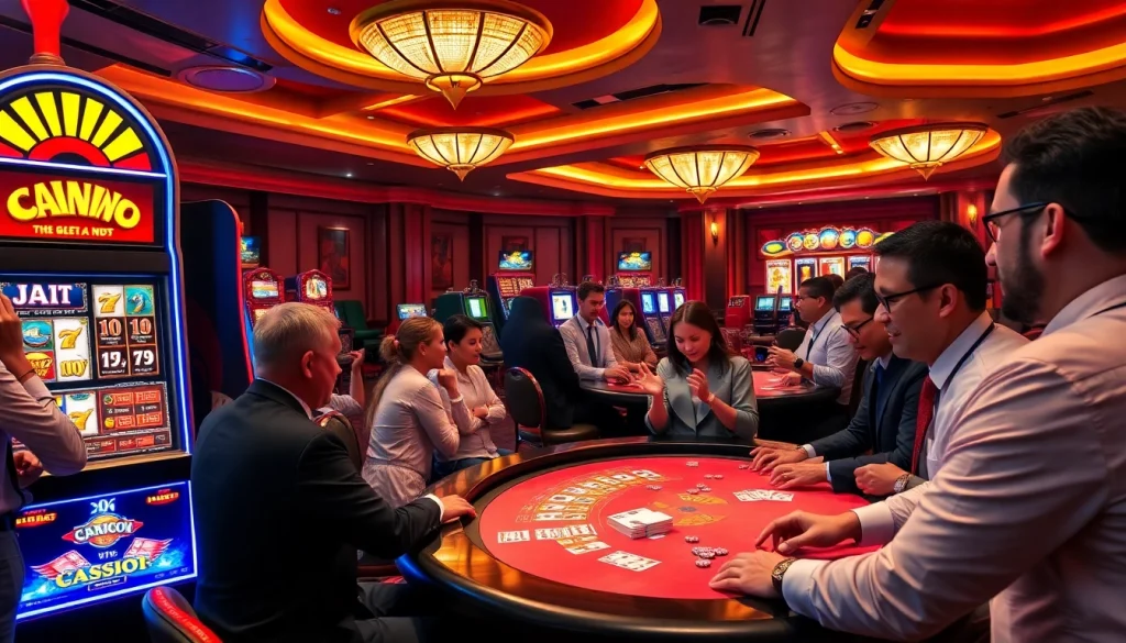 Experience engaging slot gacor action with players at a vibrant casino featuring modern slot machines.