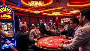 Experience engaging slot gacor action with players at a vibrant casino featuring modern slot machines.