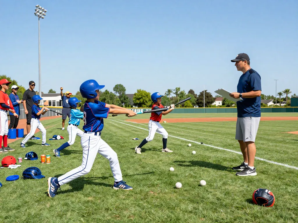 Hitclub baseball training session with young athletes practicing skills and a coach giving instructions.