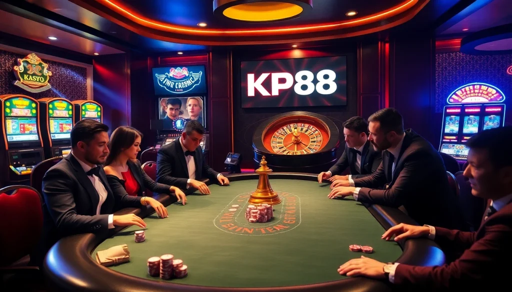 KP88 players engaged in thrilling poker action at a luxurious casino.