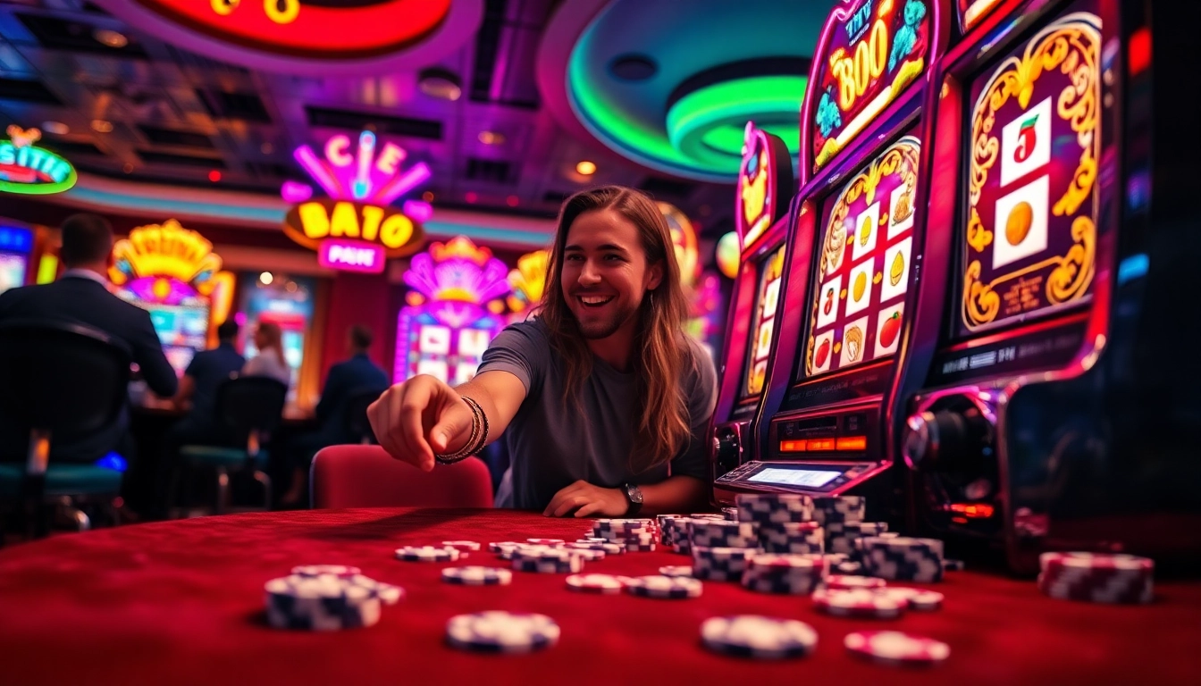 Player winning at a vibrant slot88 machine in a luxurious casino atmosphere