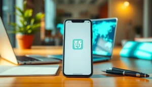 在智能手机上的快连下载应用，展示全球连接能力，适用于现代工作场景。