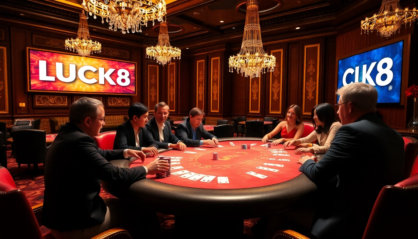 Engaged players at a poker table in a luxurious casino setting, showcasing LUCK8 among vibrant chips and cards.