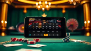 Engage with the DR88 app on a luxurious casino-themed mobile interface surrounded by poker chips and cards.