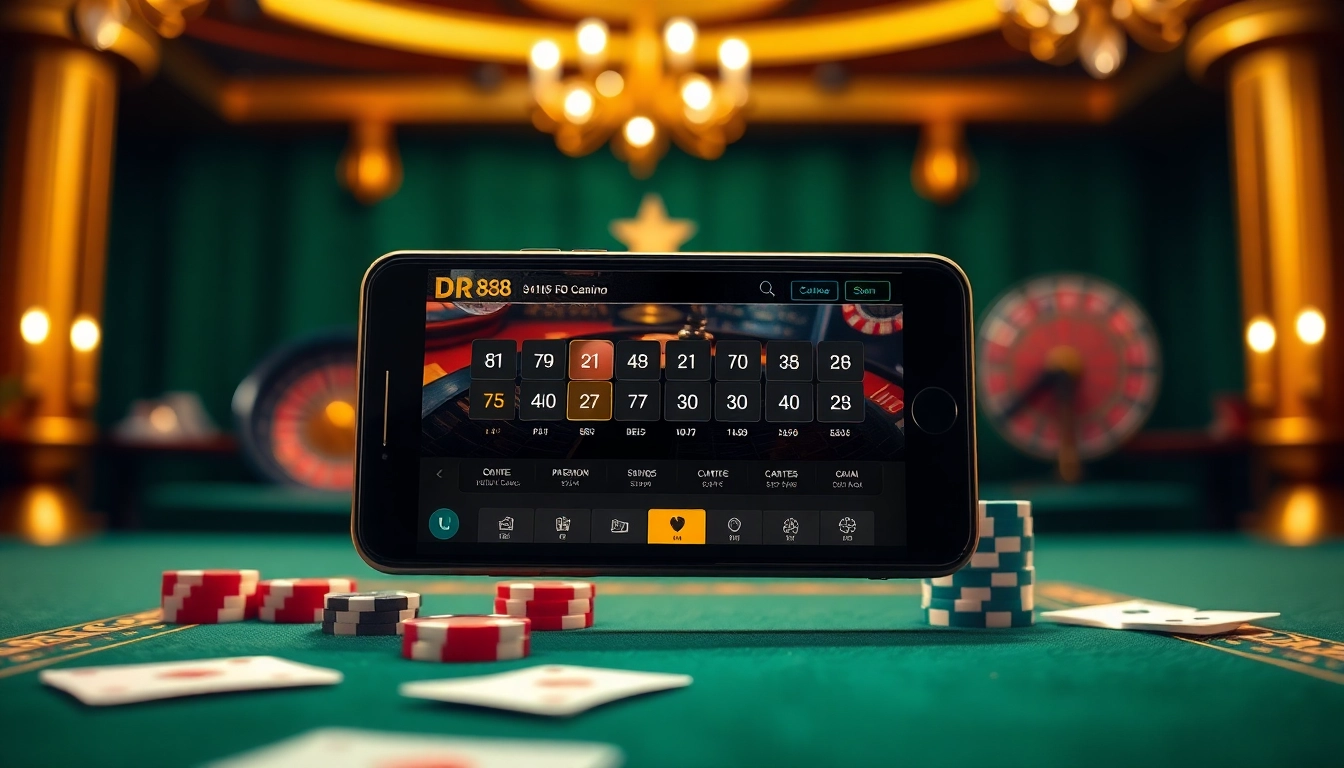 Engage with the DR88 app on a luxurious casino-themed mobile interface surrounded by poker chips and cards.