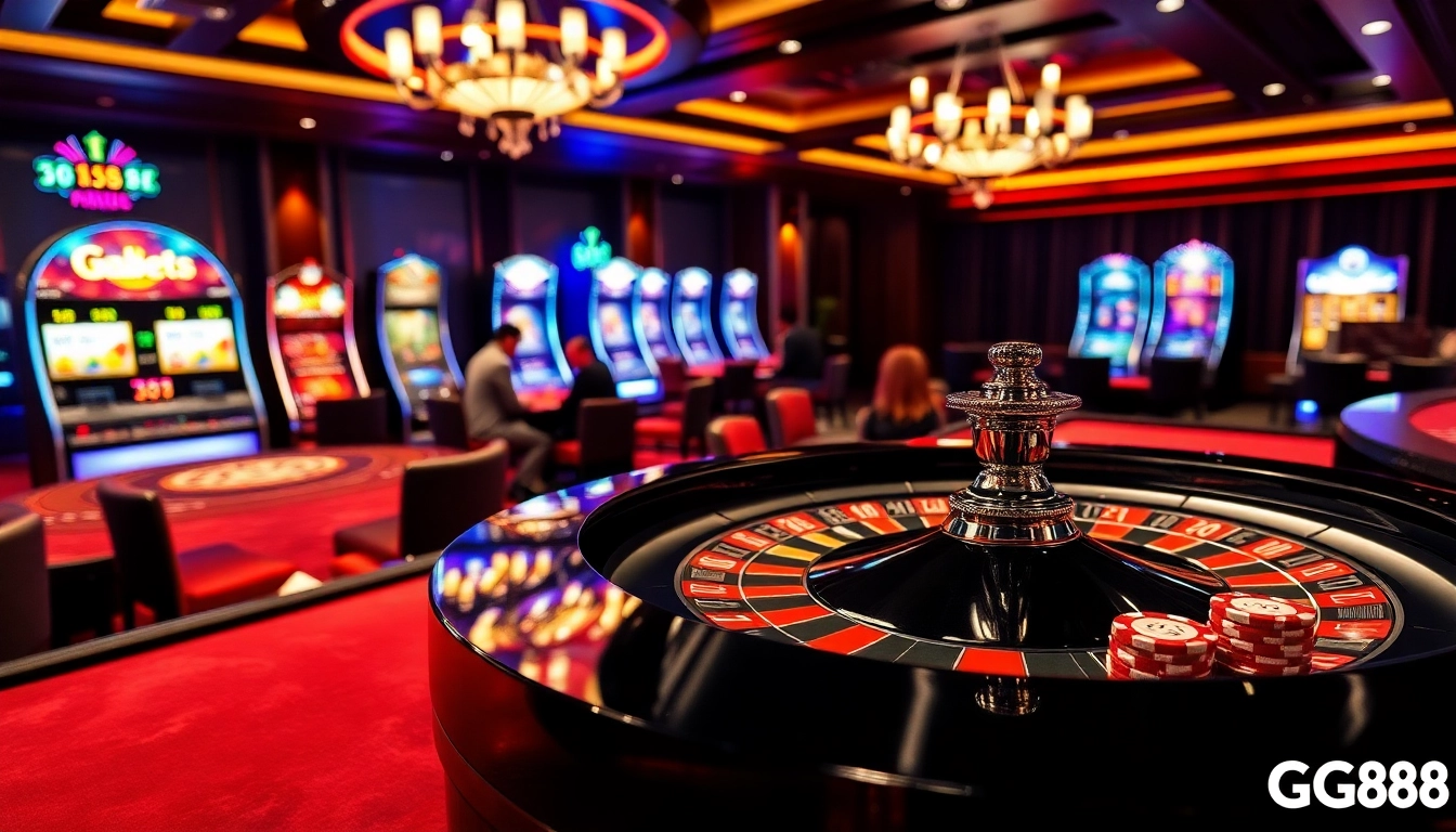 Players engaging in a thrilling casino experience at GG88 with roulette and poker games.