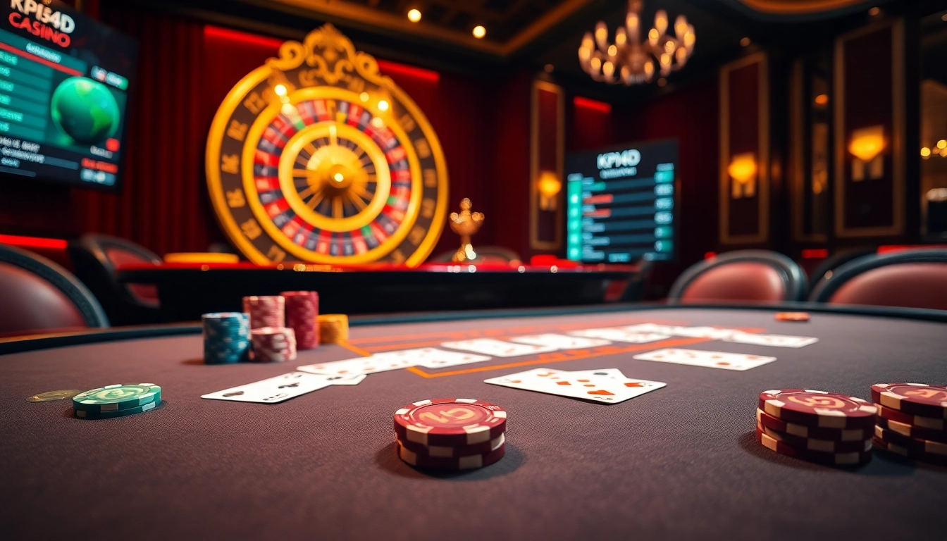 KPI4D gaming table showcasing vibrant poker chips and live betting options amidst a luxurious casino setting.