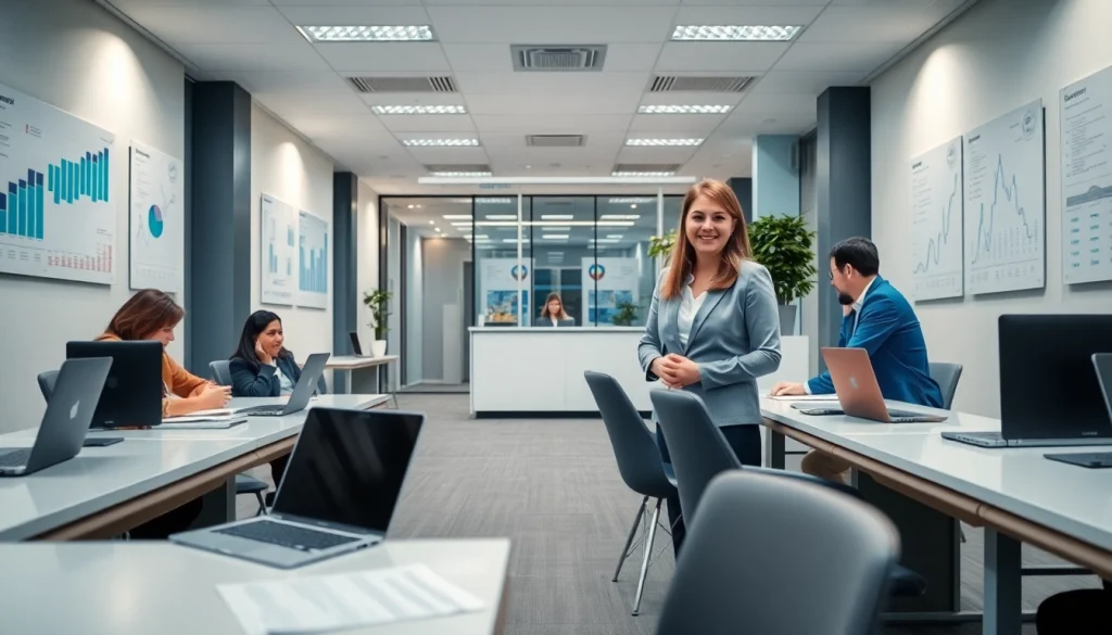 Profesjonalne biuro rachunkowe z księgowym pomagającym klientom, prezentujące nowoczesne miejsce pracy.