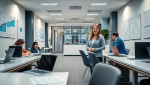 Profesjonalne biuro rachunkowe z księgowym pomagającym klientom, prezentujące nowoczesne miejsce pracy.