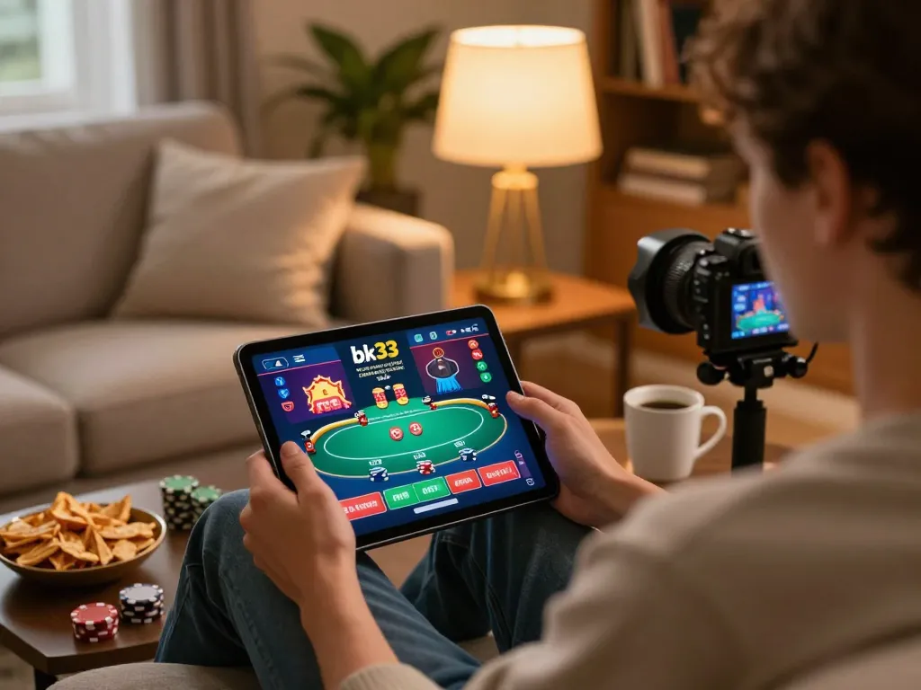 Player engaging in bk33 online poker from home, enjoying a cozy gaming atmosphere with snacks.