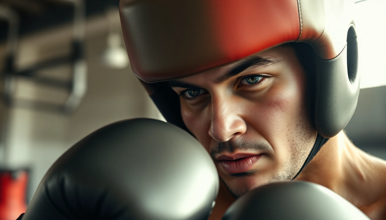 Fokus auf das headgear boxing eines Boxers während eines intensiven Trainings in einer Trainingshalle.