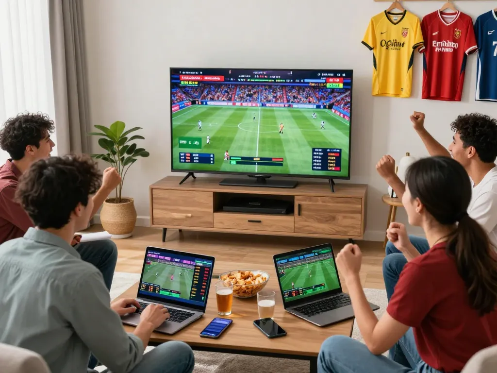 Friends enjoying kèo nhà cái betting while watching sports in a lively living room.