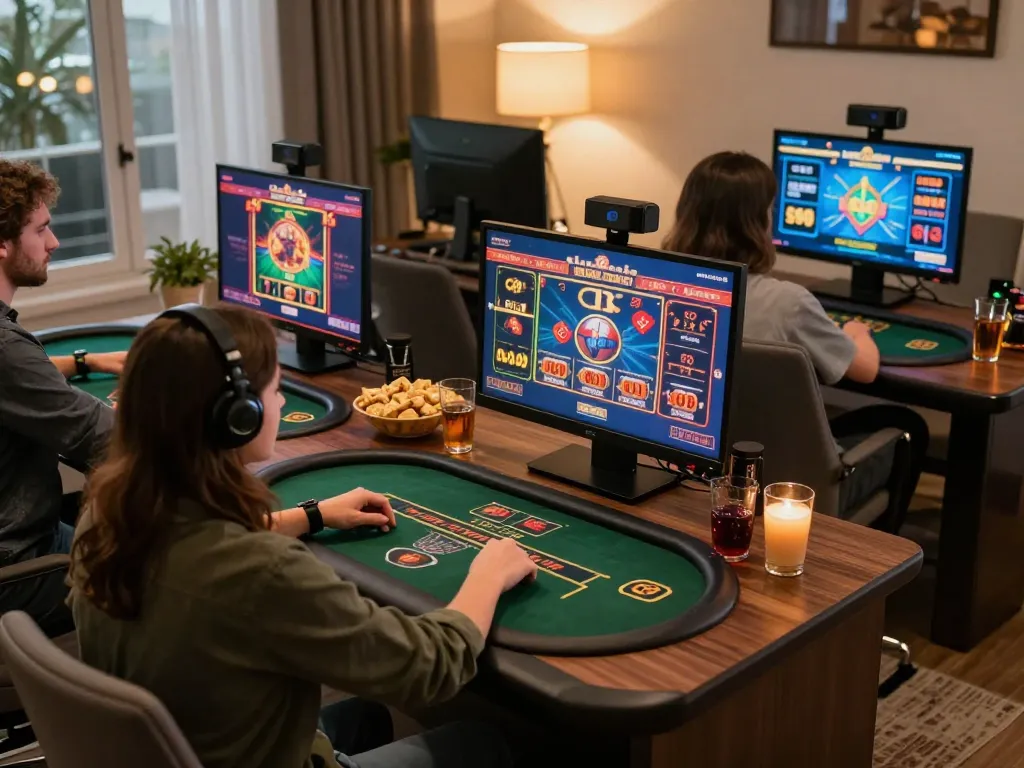 Players enjoying online games on rikvip platform, showcasing engaging home gaming setup with multiple screens and snacks.
