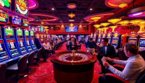 Players enjoying immersive gaming at https://nohudoithuong.us/, featuring vibrant slot machines and roulette.
