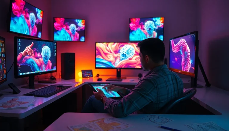 Image to prompt generator showcasing a digital artist's workspace with vibrant AI images.