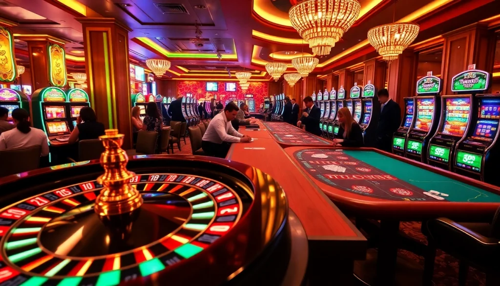 Experience the excitement of TX88 in a vibrant casino scene filled with poker tables and roulette wheels.
