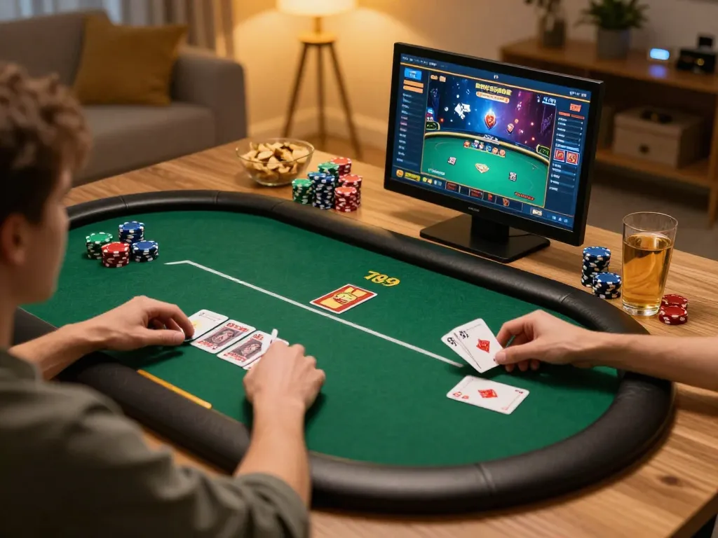Engaged player enjoying a thrilling poker game on 789 club platform in cozy home environment
