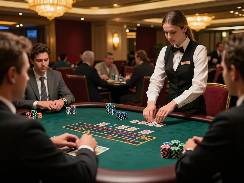 Players engaging in blackjack at a luxurious casino table with B52-themed chips visible.