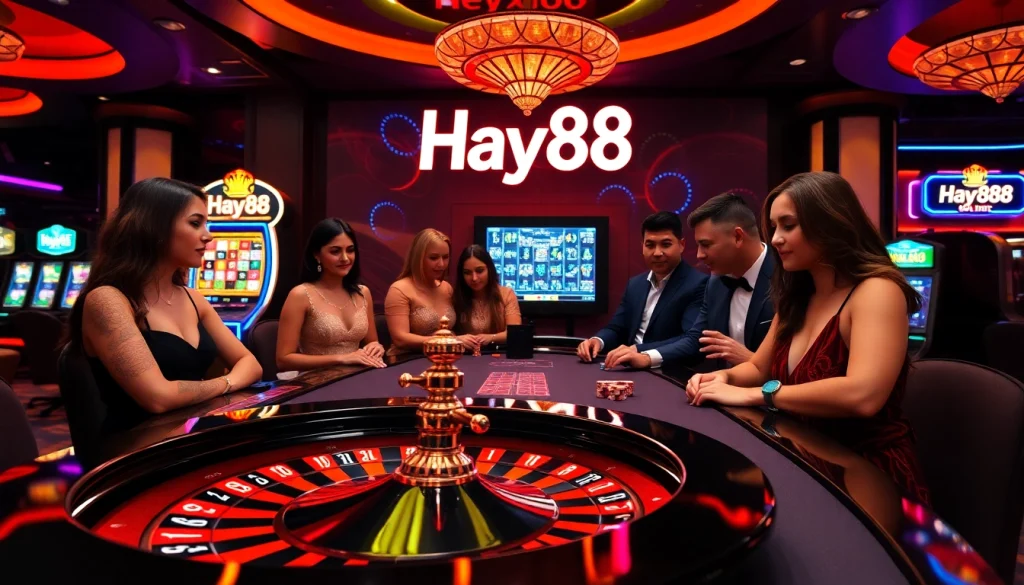 Players celebrating wins at Hay88 casino, showcasing vibrant gaming atmosphere.