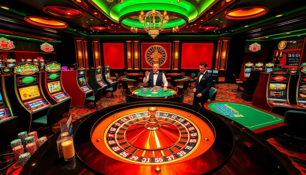 Experience the thrill of winning at sunwin with a luxurious casino setting featuring vibrant slot machines.