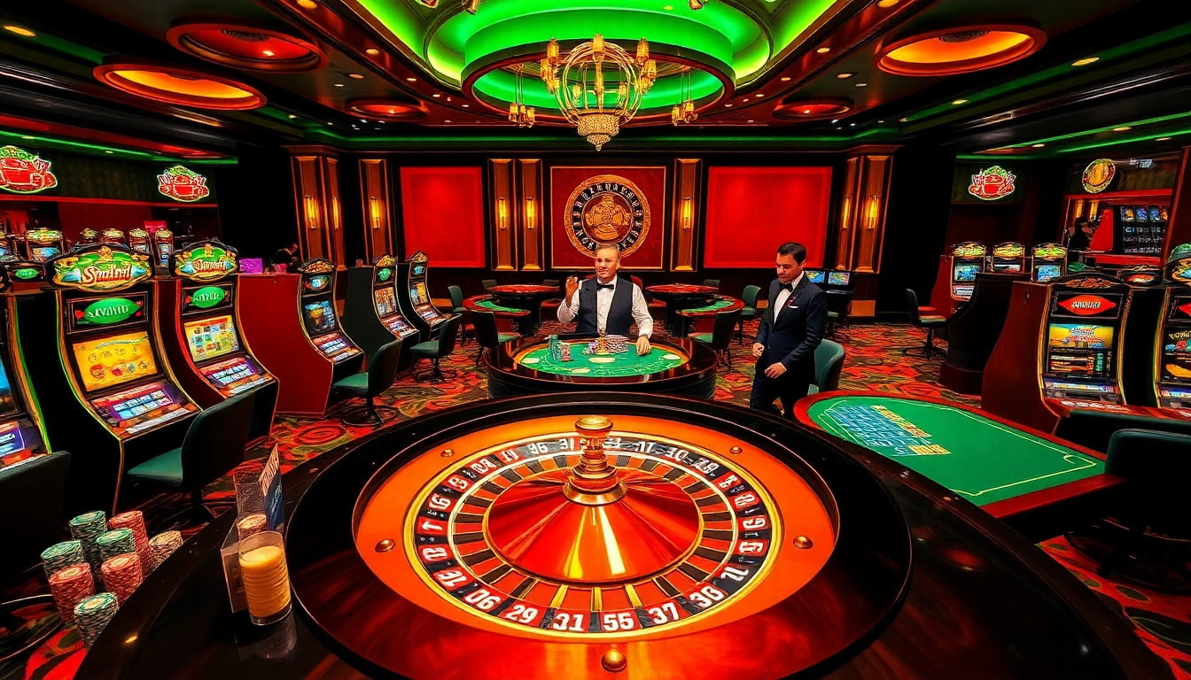 Experience the thrill of winning at sunwin with a luxurious casino setting featuring vibrant slot machines.