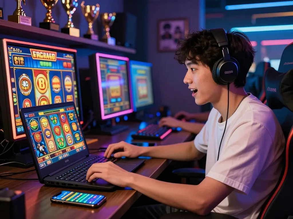 Pemain merasakan kegembiraan dengan permainan slot online laoban188 di laptop dalam suasana permainan yang vibrant.