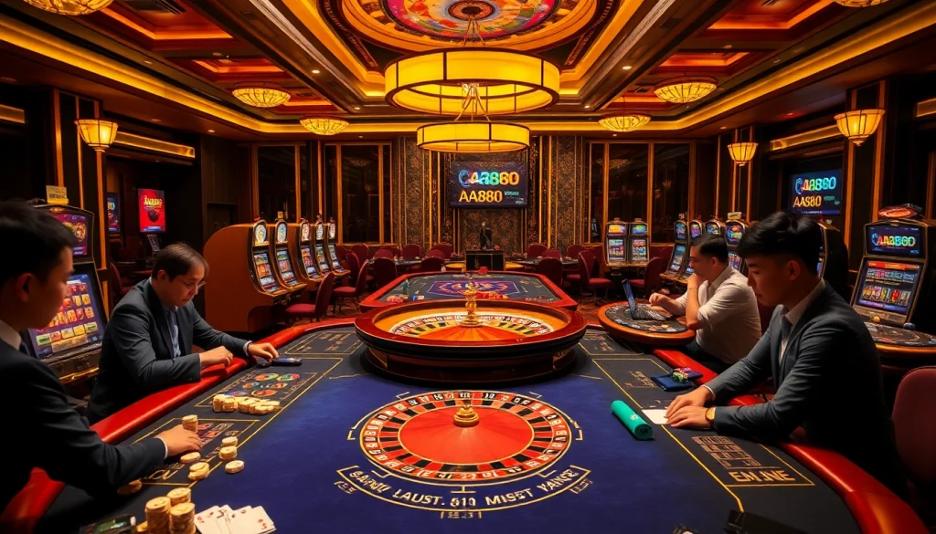 Participe de uma jogabilidade empolgante no cassino de luxo da AA888, com jogos vibrantes e jogadores entusiasmados.