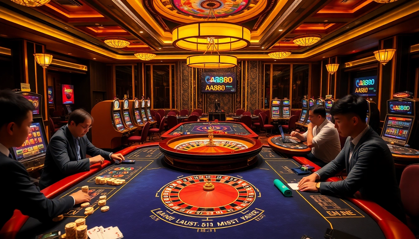Participe de uma jogabilidade empolgante no cassino de luxo da AA888, com jogos vibrantes e jogadores entusiasmados.