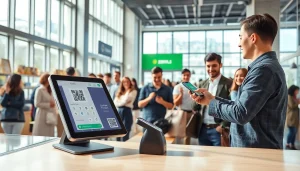 現代の小売環境でPOSシステムとスマートフォン決済を使用するキャッシュレス決済の場面。