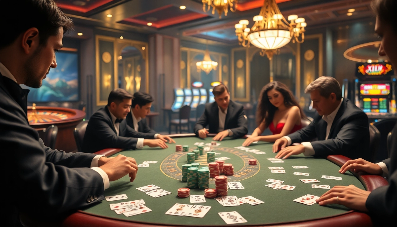 Players engaged at the XN88 poker table, showcasing high-stakes excitement with colorful chips and cards.