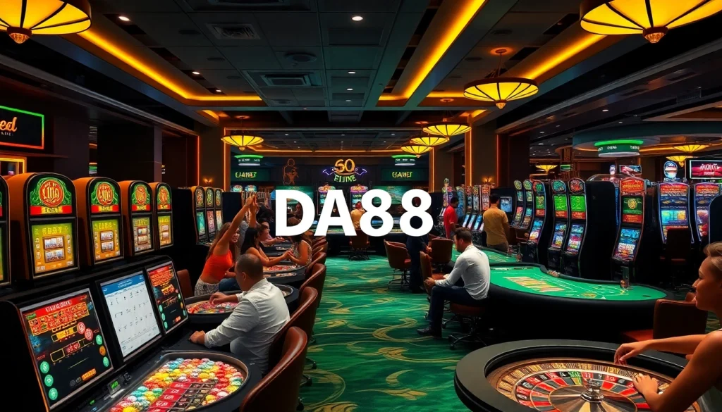 Players strategizing at luxurious DA88 casino tables surrounded by vibrant lights and excitement.
