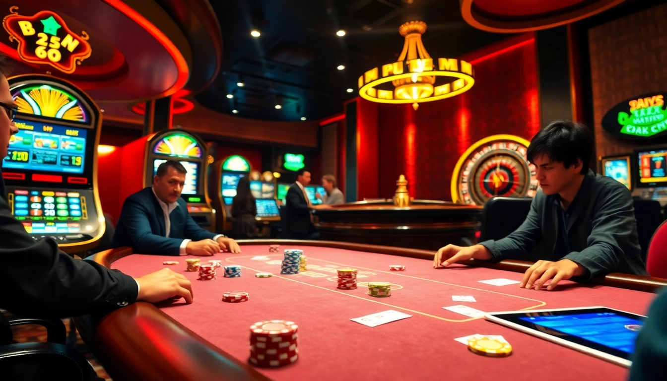 Exciting casino scene showcasing poker players and slots representing the 789f link for online gambling.