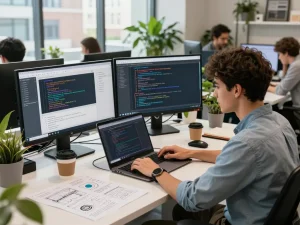 在充满活力的共享办公空间中体验谷歌浏览器的开发，配有双显示器和编码氛围。