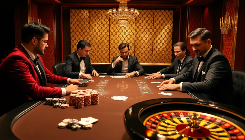 i9bet players enjoying a high-stakes poker game at an elegant casino table, capturing excitement.