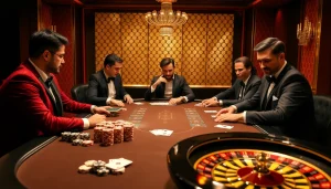 i9bet players enjoying a high-stakes poker game at an elegant casino table, capturing excitement.